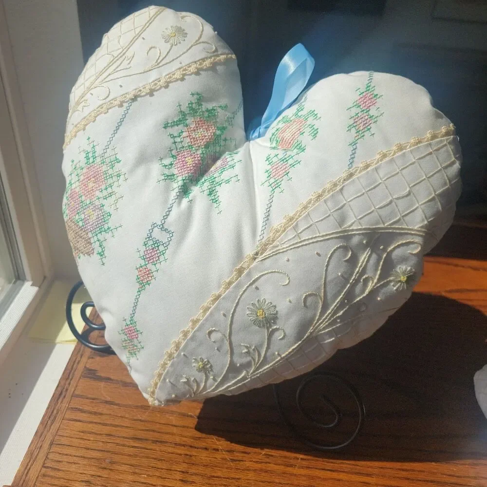 Handmade Needpoint Crossstitch Pillows Set of 2 heart shaped Ivory Cotton Ribbon
